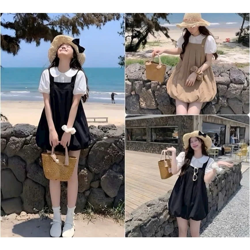 Set váy yếm dáng bí kèm áo cổ sen tay bo chun, váy yếm xếp ly dáng ngắn xòe phù hợp đi biển đi chơi dễ phối đồ