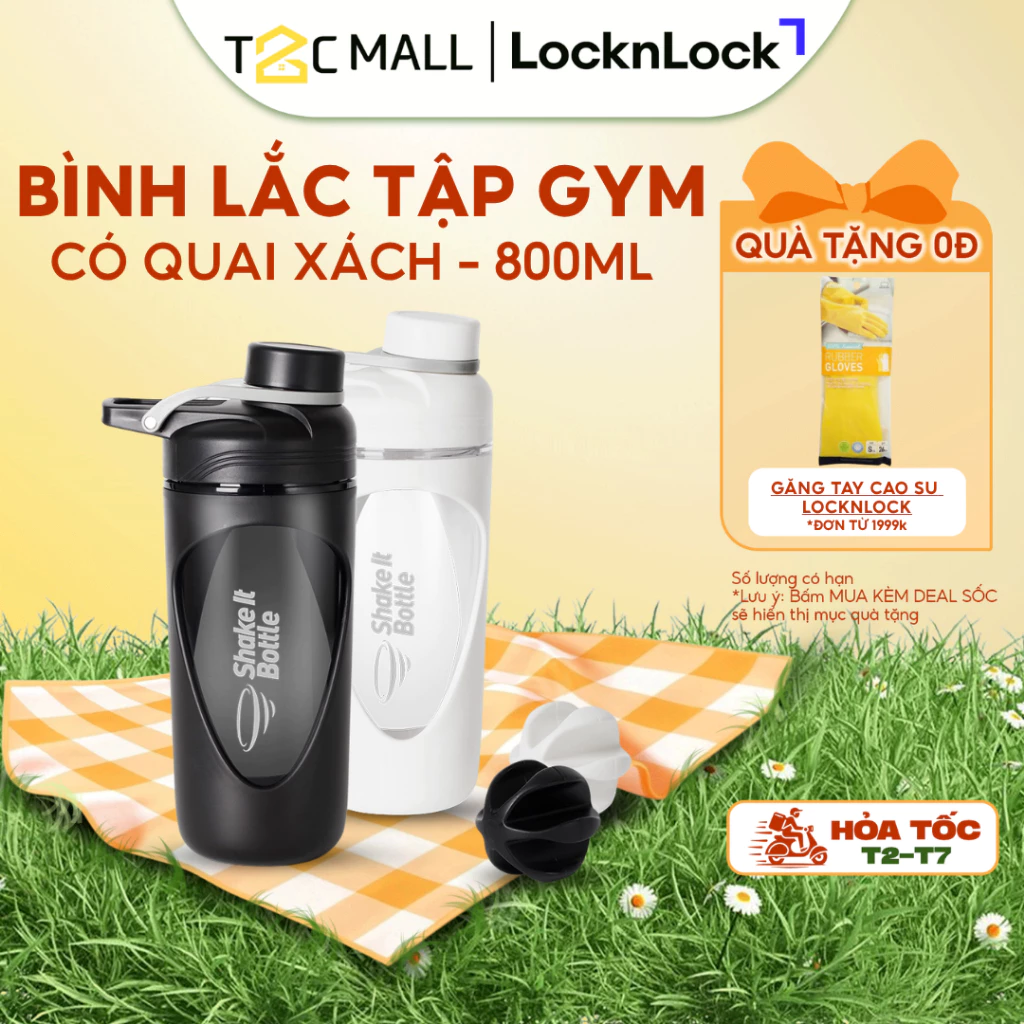 Bình Lắc Tập Gym LocknLock 800ml, Bình Nước Lắc Whey Shaker Thể Thao 2 Màu Đen Trắng HAP949 T2C Mall