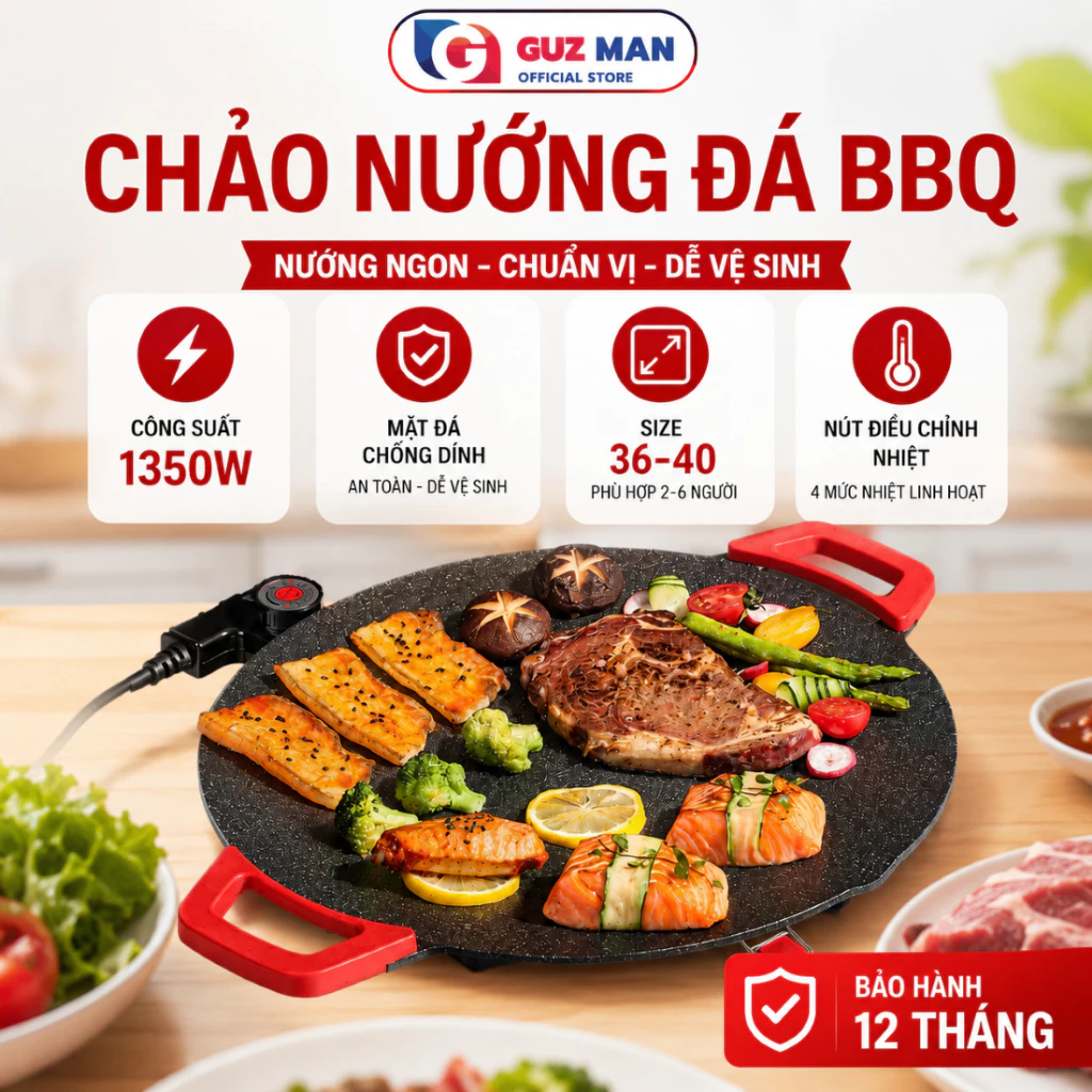 Chảo Nướng Đá BBQ Hàn Quốc ,Chảo gang vân đá nướng thịt Mặt Chống Dính tiện lợi Size 30- 40cm
