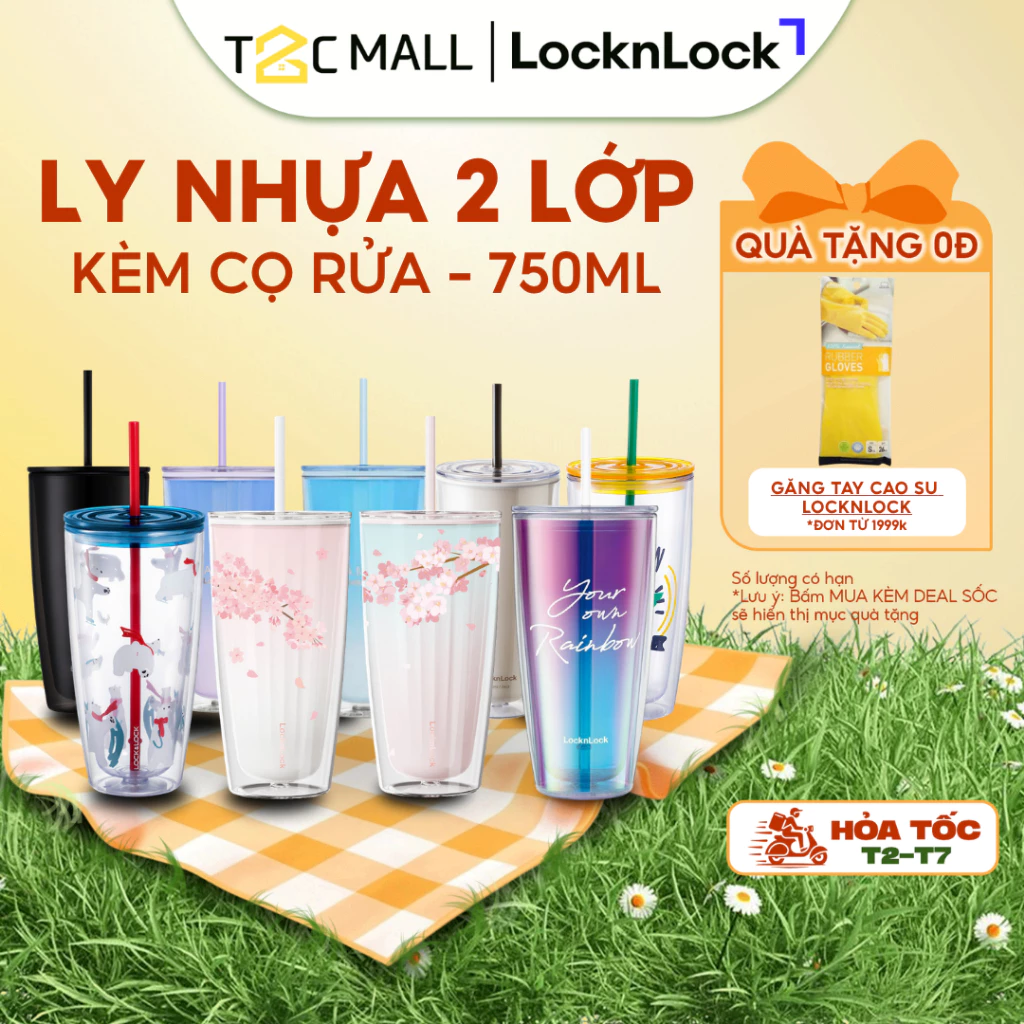 Ly Nhựa 2 Lớp LocknLock 750ML Cốc Uống Nước Cute Có Nắp Kèm Ống Hút và Cọ Rửa HAP507 HAP522 T2C Mall