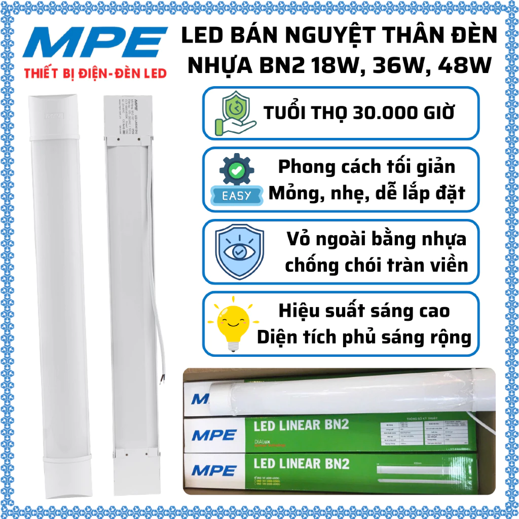 Đèn Led Bán Nguyệt thân đèn nhựa 0.6m, 1.2m-18W, 36W, 48W Ánh sáng Trắng 6500K, Vàng 3000K MPE BN2