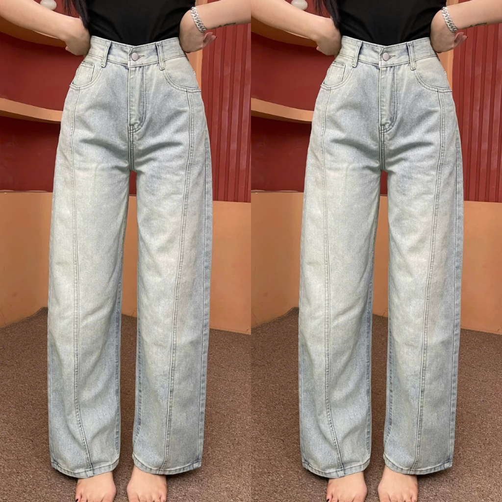 Quần Jean Nữ Ống Rộng Lưng Cạp Cao Màu Đẹp Vải Cotton Mềm Mát Không Co Giãn Q448