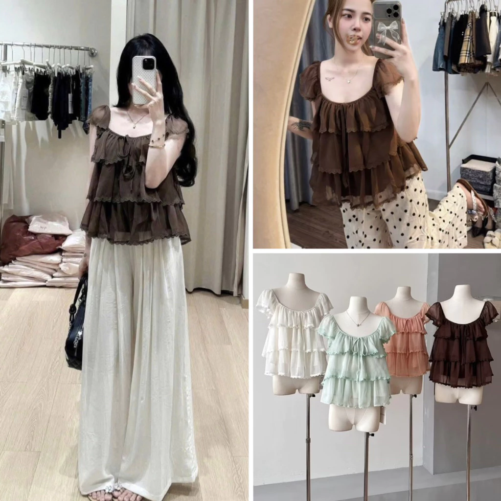 [Chuẩn QC Tơ Mềm] Áo Kiểu Nữ Tơ Tầng Tay Cánh Tiên - Áo Xoè Cổ Vuông/ Trễ Vai Điệu Đà