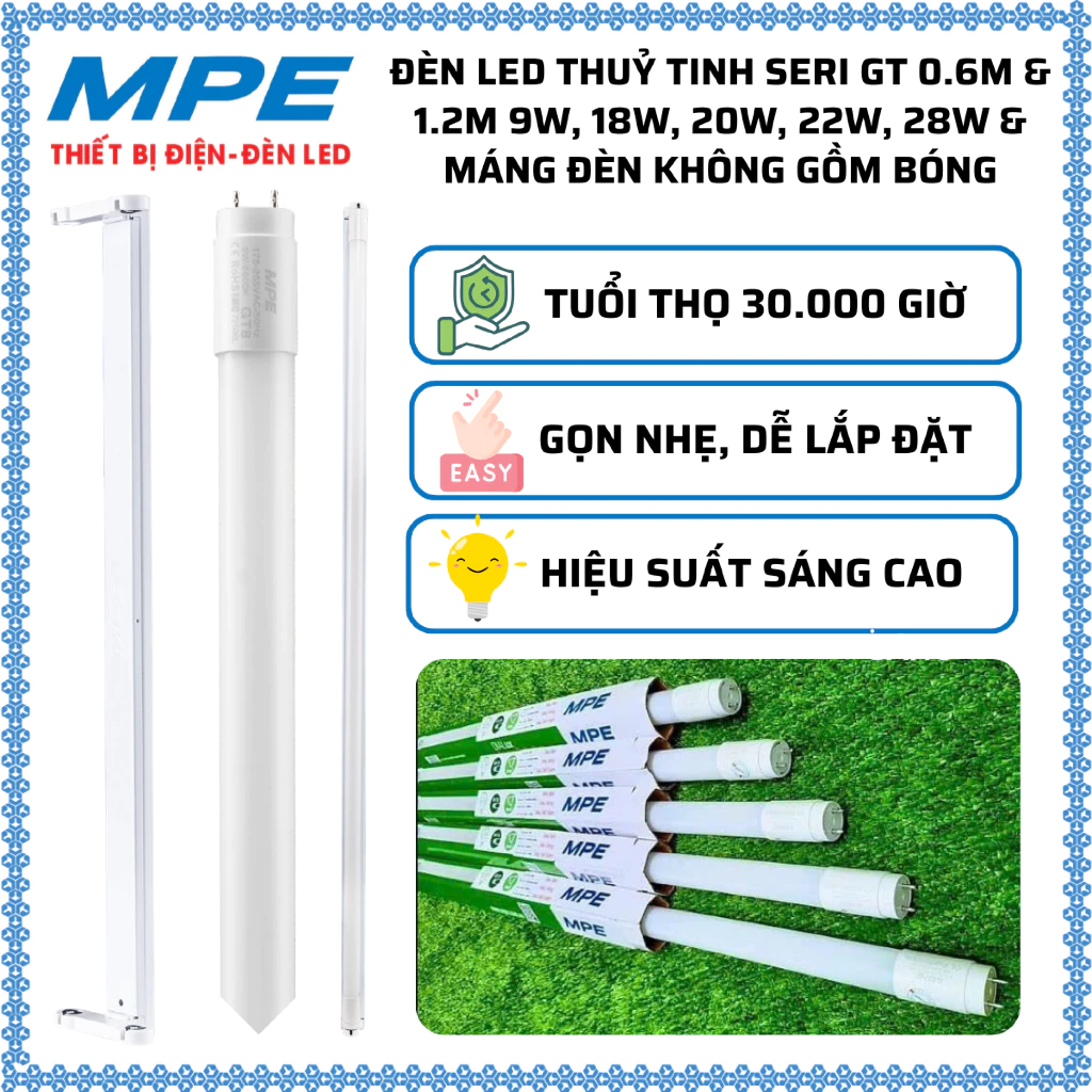 Đèn LED Tube thuỷ tinh 0.6m, 1.2m 9W, 18W, 20W, 22W, 28W GT & Máng đèn không gồm bóng EMDK MPE