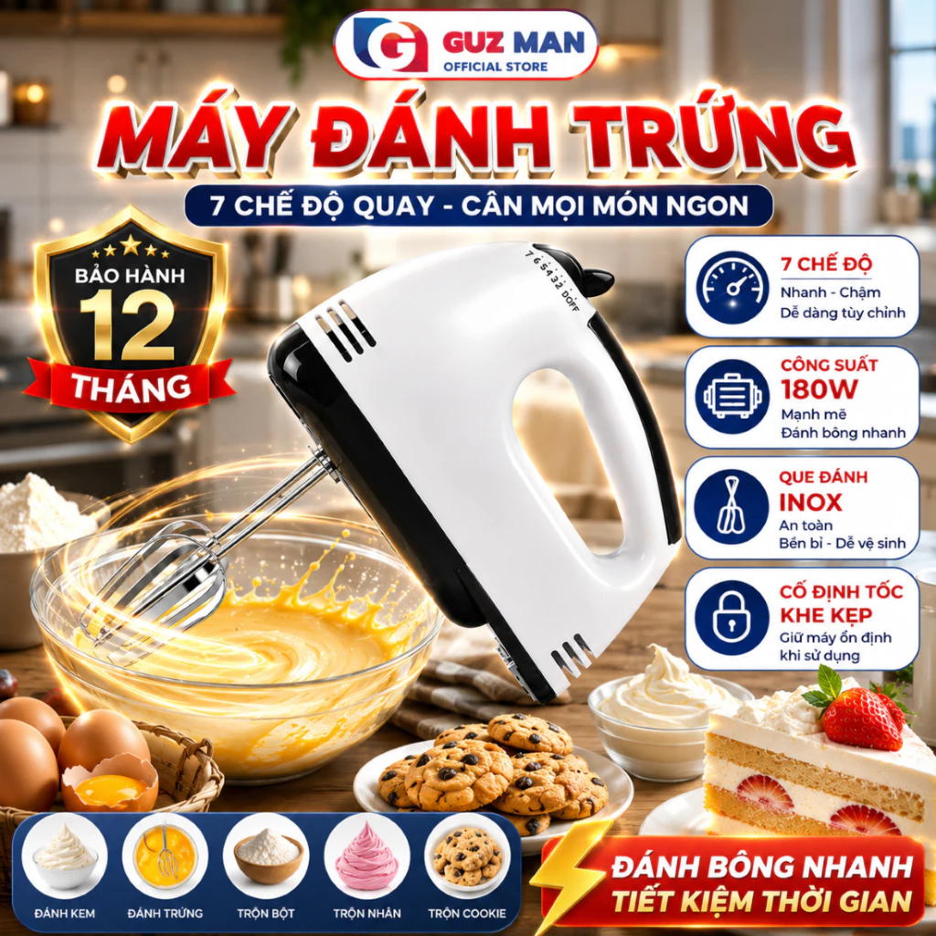 Máy Đánh Trứng Cầm Tay 7 Tốc Độ , Máy đánh bọt Công Suất 180W Tặng 4 Đầu Khuấy Cao Cấp Bảo Hành 12T