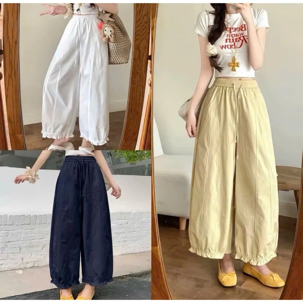 Quần boom ống thụng chất gió hàn mềm mát cho nữ, cạp chun co giãn thoải mái