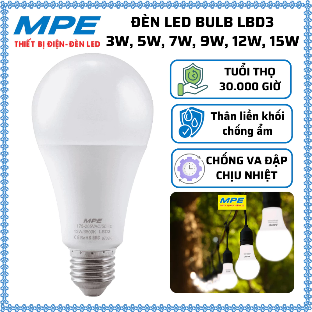Bóng đèn LED Bulb MPE - Ánh sáng trắng/vàng - 3w, 5w, 7w, 9w, 12, 15w cao cấp MPE ( tiêu chuẩn châu âu)