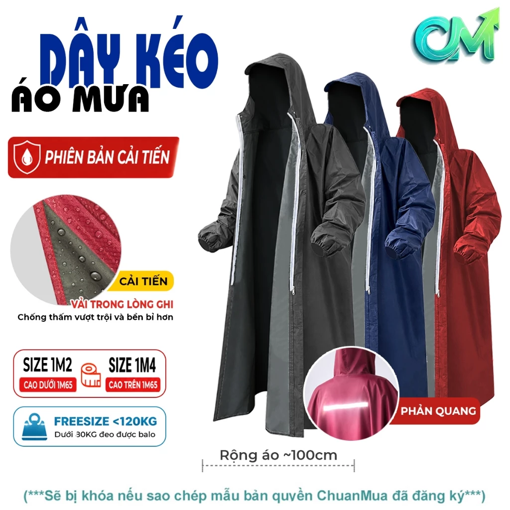 Áo Mưa Dây Kéo Bít Hông Cao Cấp 1 Người - Áo Mưa Măng Tô Phản Quang 2 Lớp Vải Trong Lòng Ghi Dày Dặn