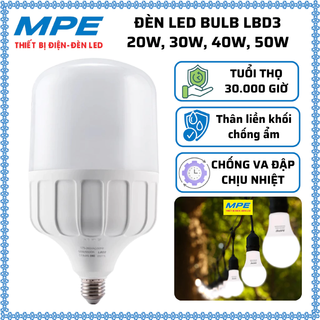 Đèn Led Bulb chống ẩm LBD3 20W, 30W, 40W, 50W 6500K - 3000K MPE