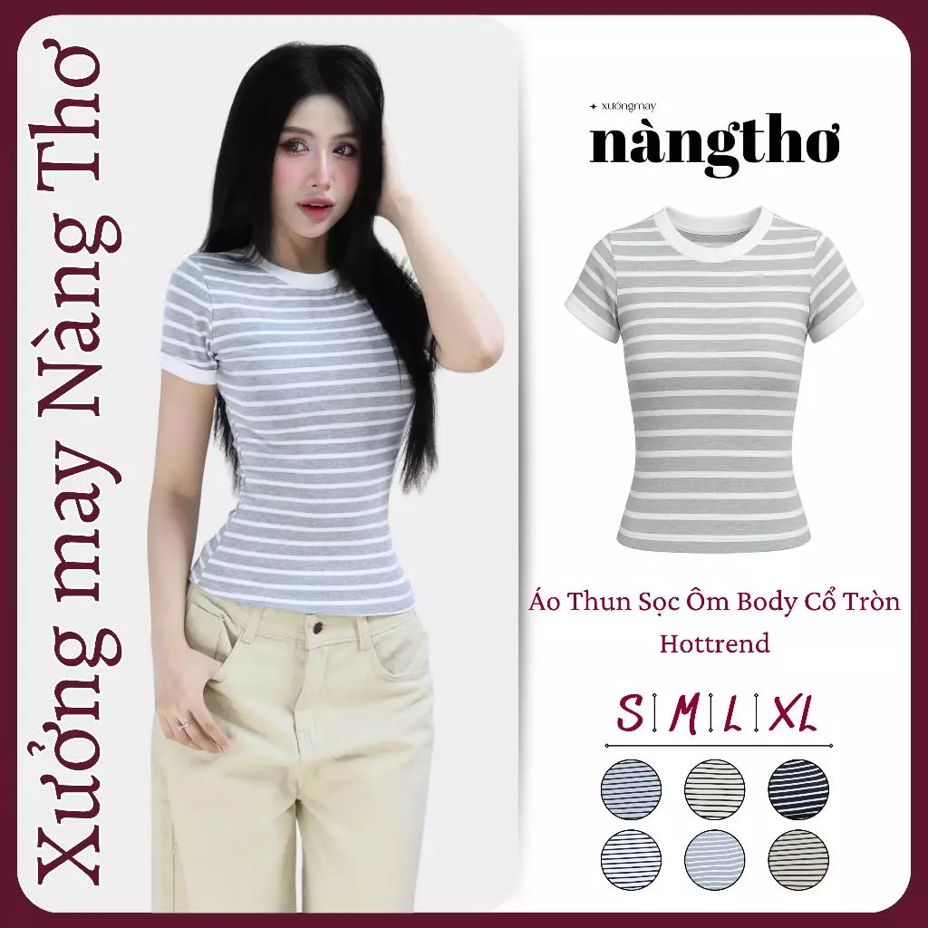 363 Áo Sọc Basic Cổ Tròn Chất Cotton Mịn Áo Ôm Body Nữ