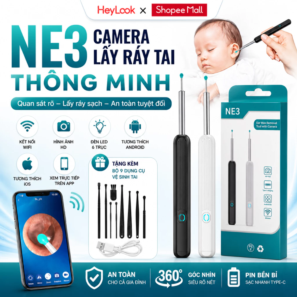Dụng Cụ Lấy Ráy Tai Có Gắn Camera NE3 Pro Nội Soi Full HD Đa Năng Hình Ảnh Sắc Nét, Pin Sạc