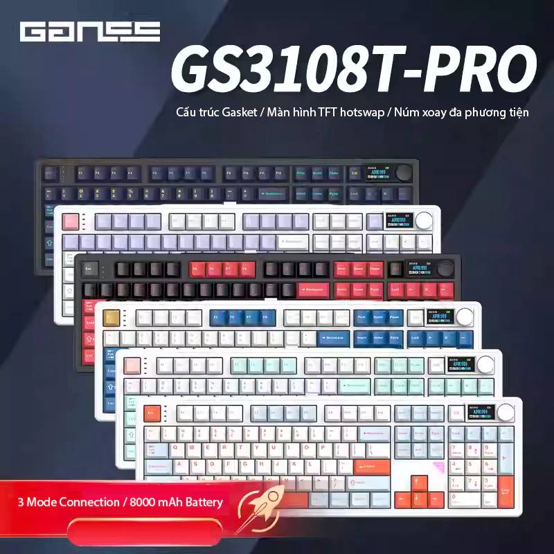 Bàn phím cơ Ganss GS108T Pro - 3 Mode kết nối pin 8000 mAh - Màn hình và núm xoay dạng module-BH12T