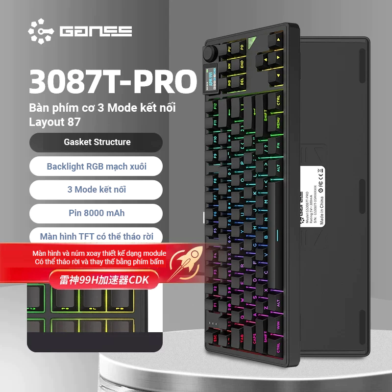 Bàn phím cơ GANSS GS087T Pro - Layout 87 Keys Pin 8000 mAh - màn hình và núm xoay có thể tháo rời