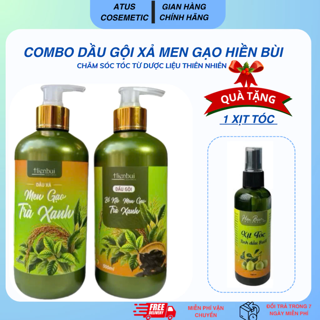 Combo Dầu Gội -Xả Bồ Kết Men Gạo Trà Xanh Hiền Bùi tặng ủ tóc
