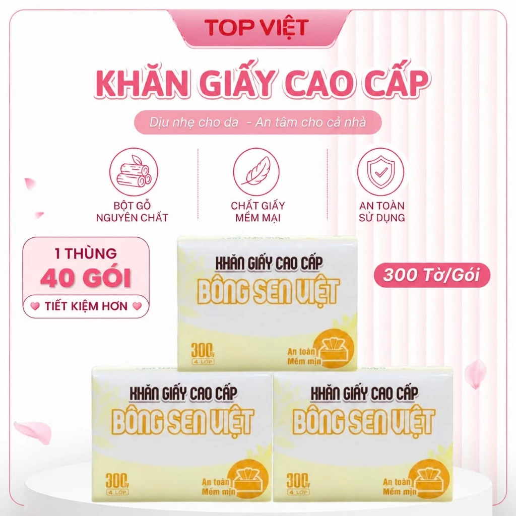 Thùng 40 gói giấy ăn rút Bông Sen Việt gói 300 tờ giấy 3 lớp mềm mịn, an toàn, tiện lợi.