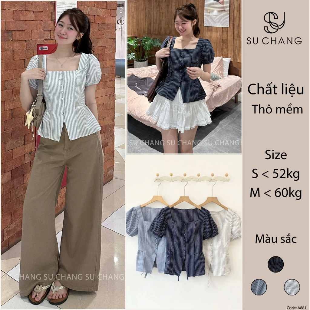 Áo Sơ Mi Kiểu Cổ Vuông Cúc Bọc Buộc Eo A881 Su Chang Thời Trang Nữ