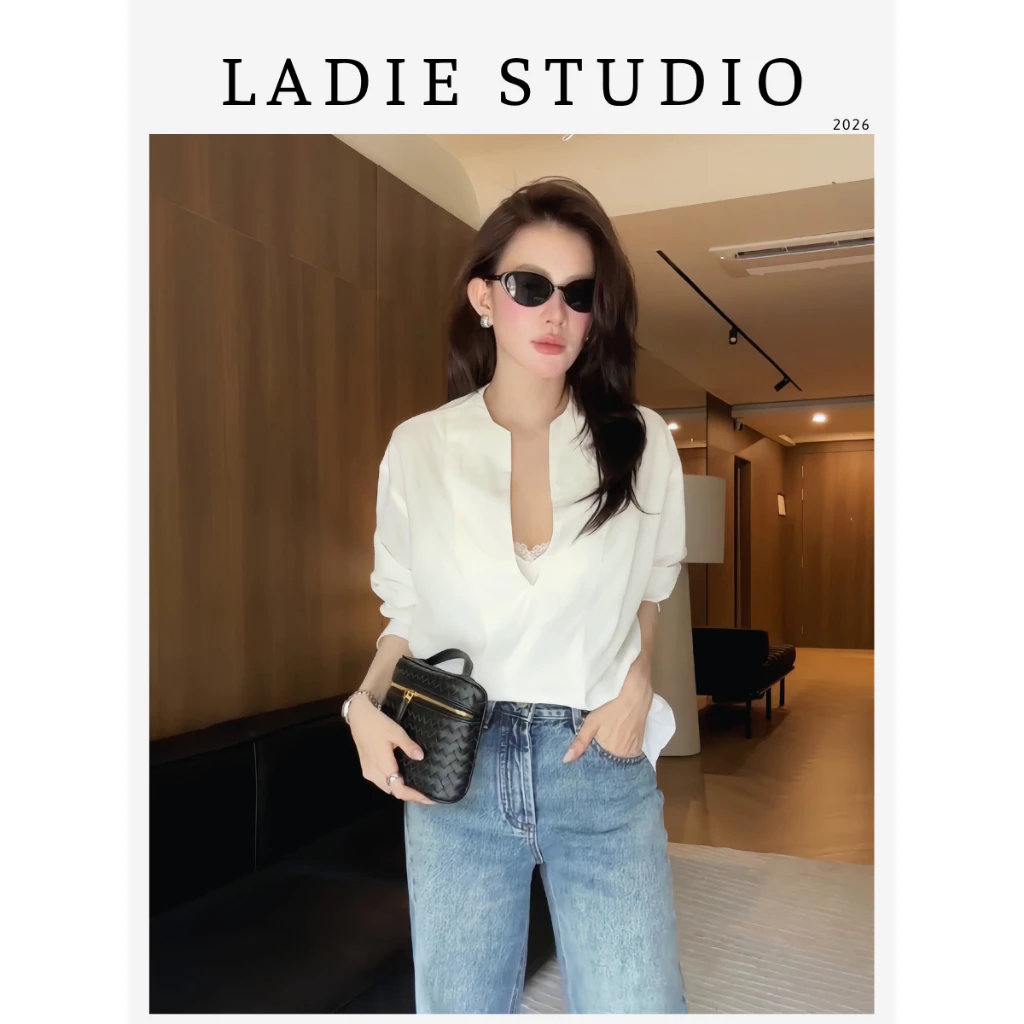 [LADIE STUDIO] Áo kate cổ V - áo sơ mi nữ dáng rộng thanh lịch kiểu Hàn AO10