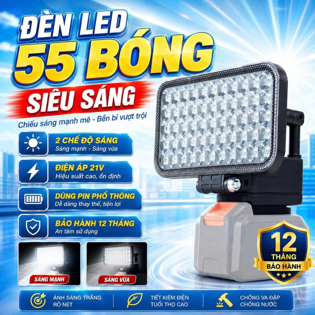 Đèn Led 55 Bóng Siêu Sáng Sử Dụng Chân Pin Phổ Thông MAKITA Có 2 Chế Độ Sáng, Có 2 Cổng Sạc USB, Tay Cầm Tiện Dụng