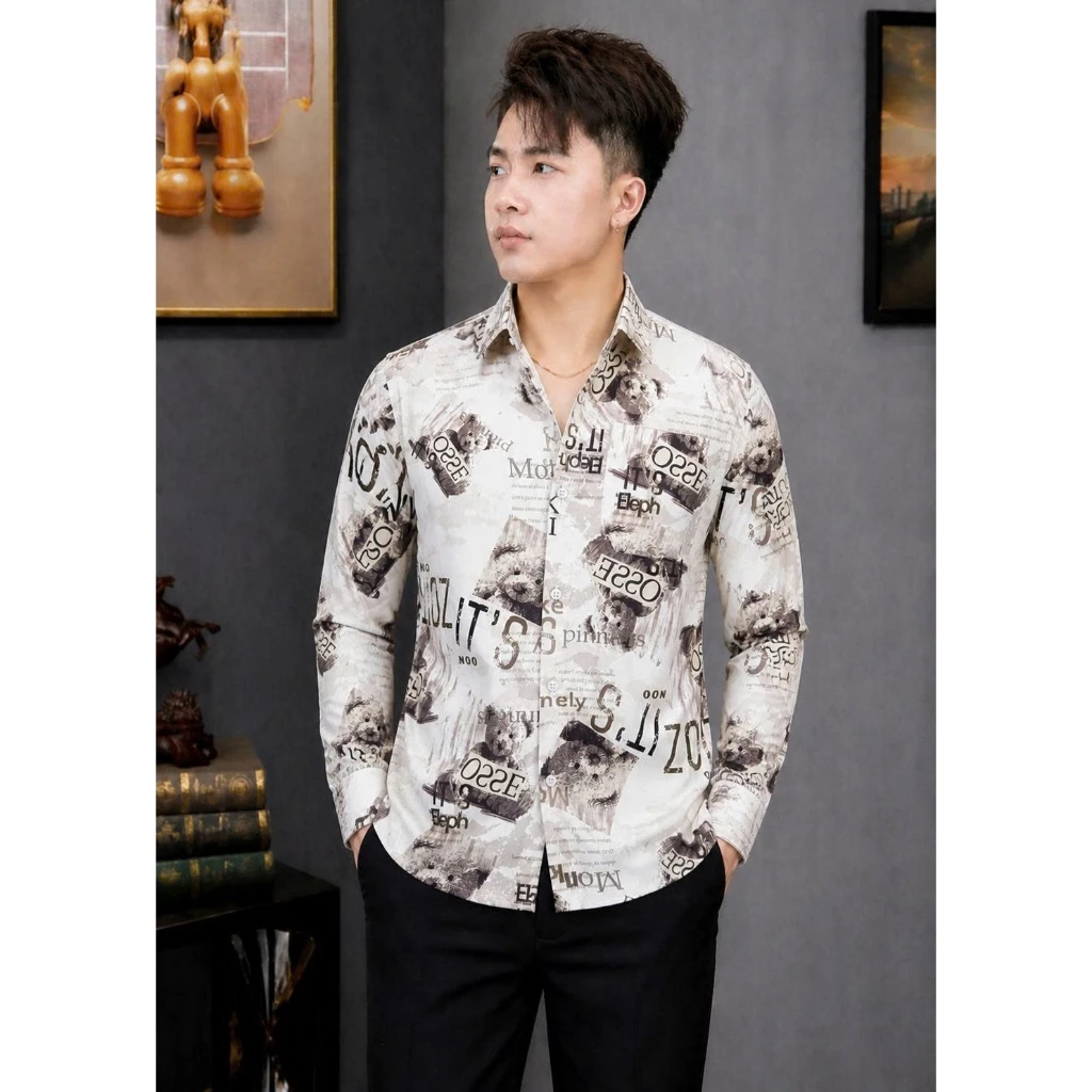 Áo sơ mi nam tay dài chất vải lụa mềm mịn phối thêu họa tiết trẻ trung cá tính mẫu-BQT77 SHOP