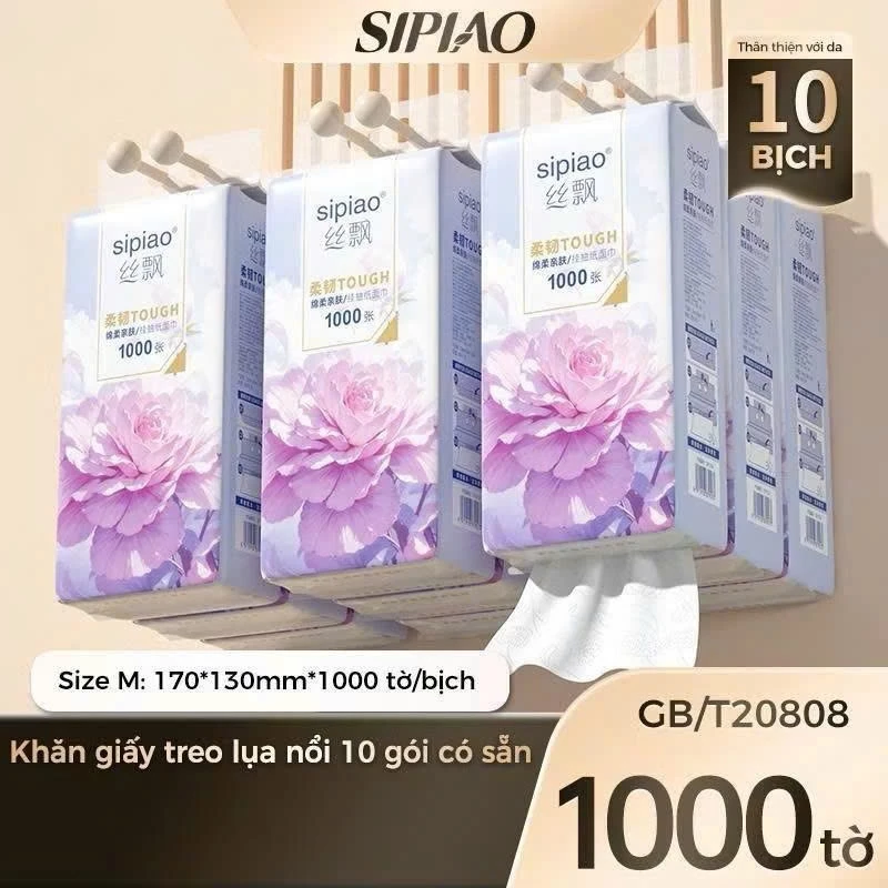 Thùng 10 Bịch Giấy Treo Đa Năng SIPIAO Hoa Mẫu Đơn, Khăn Rút Treo Trường 5 Lớp mỗi bịch 1000 Tờ