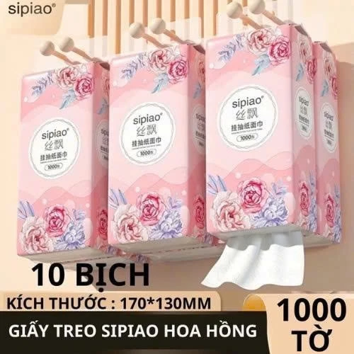Thùng 10 bịch giấy treo đa năng Hoa Hồng, Khăn rút 5 lớp treo tường mỗi bịch 1000 tờ