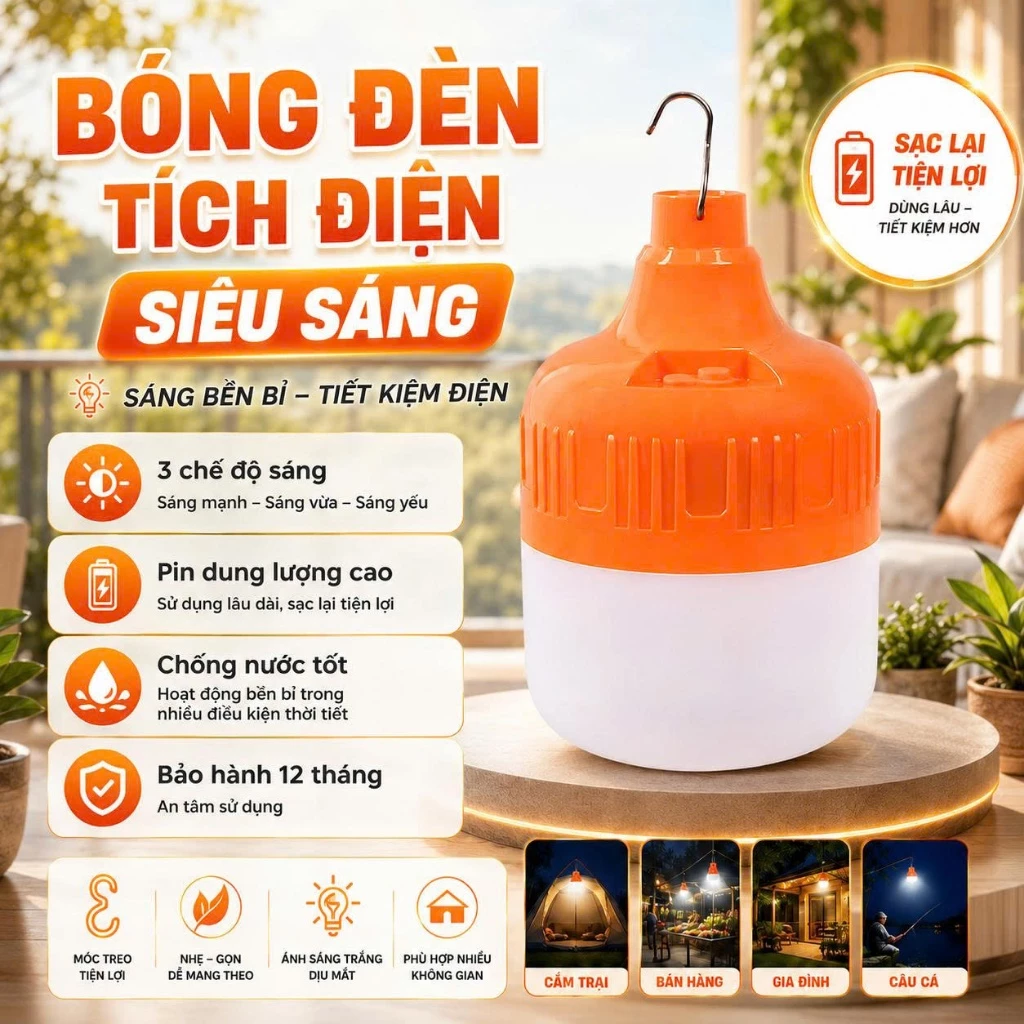 Bóng Đèn Tích Điện Công Suất 150W-200W Có 3 Chế Độ Đèn, Pin Dùng 6-8H, Chống Nước Siêu Tốt, Móc Treo Tiện Lợi