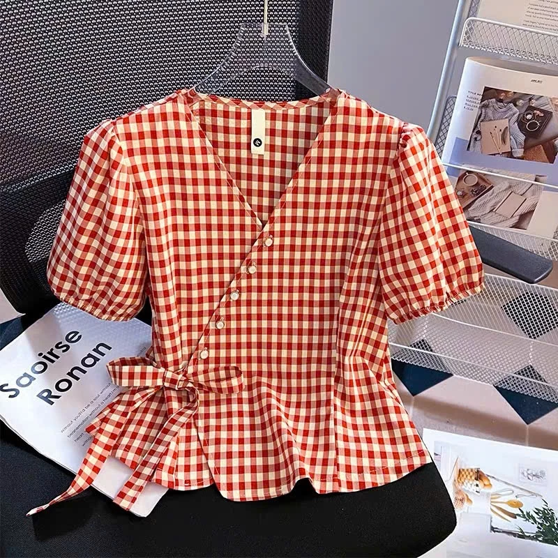 Áo kẻ ca rô buộc nơ eo , chất liệu mềm mại thoáng mát, phù hợp đi làm đi chơi  với 2 màu nổi bật H1