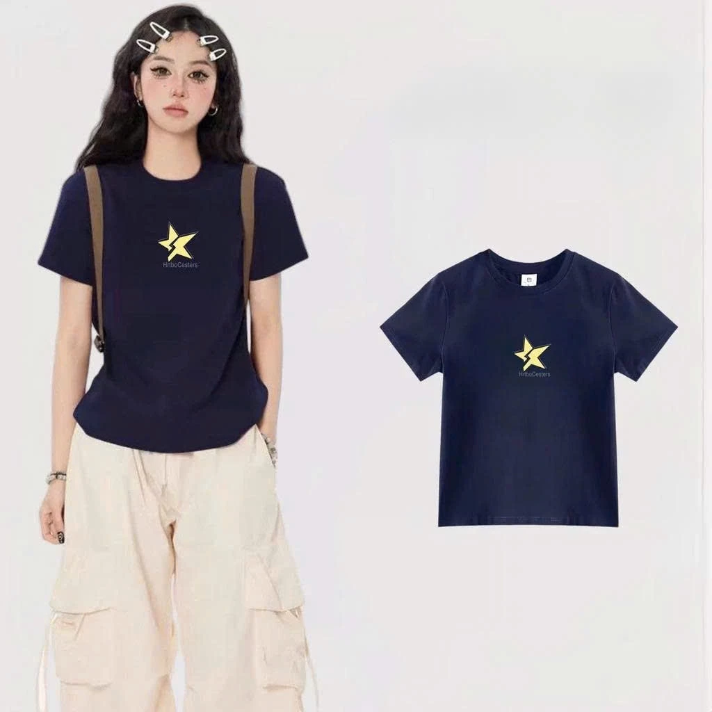 Áo Thun Croptop Nữ Cổ  Tròn Tay Ngắn Dáng Ôm Nữ Cá Tính,Áo Phông Babytee Màu Xanh Họa Tiết Ngôi Sao Phong Cách Ulzzang