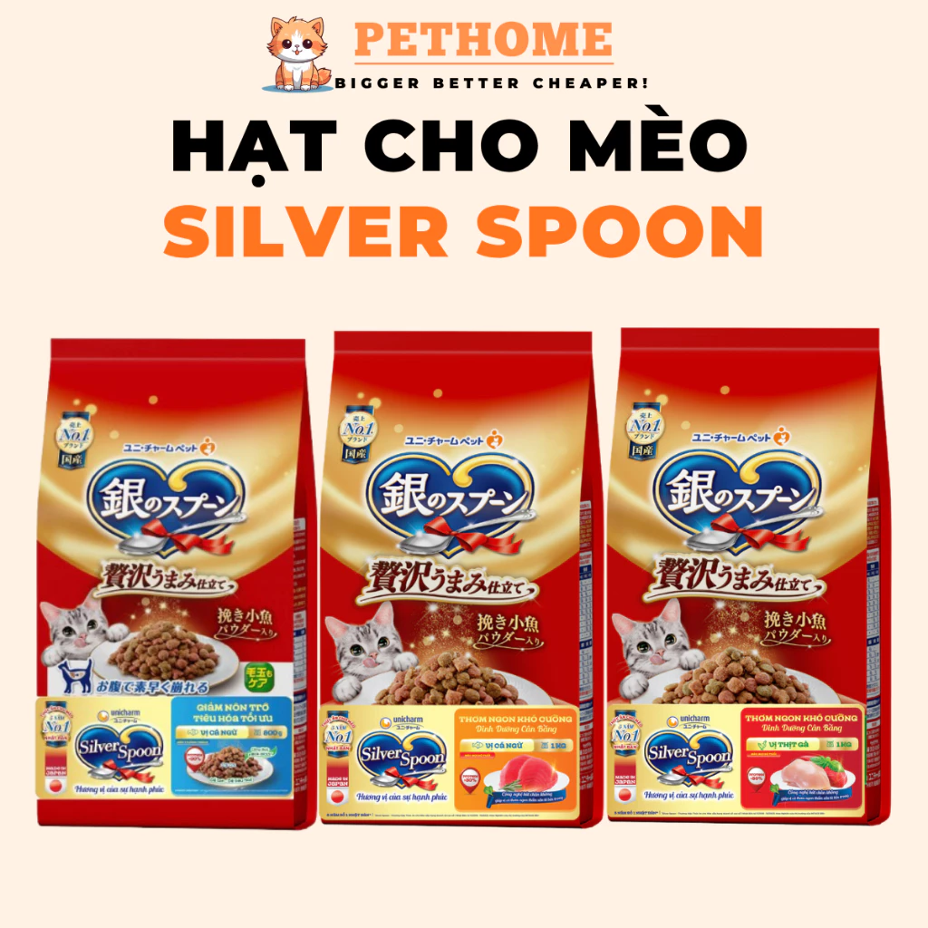 Thức Ăn Hạt Cho Mèo Silver Spoon Nhật Unicharm Giàu Thịt Đạm Cao, Giảm Nôn Trớ, Thơm Ngon, Tăng Cân
