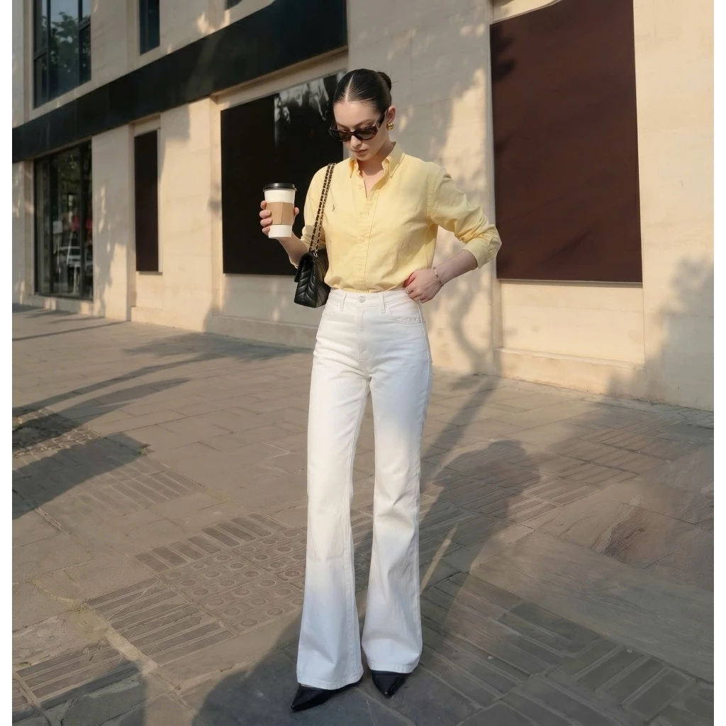 DELIZ - Quần jean cạp vừa ống loe màu trắng basic cho nữ, phong cách đường phố năng động J415 (đã cắt sẵn khuy)