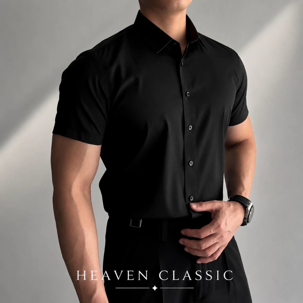 Áo Sơ Mi Nam Đen Tay Ngắn Form Slim – Vải Mịn Không Co Giãn, Lịch Lãm Chuẩn Men