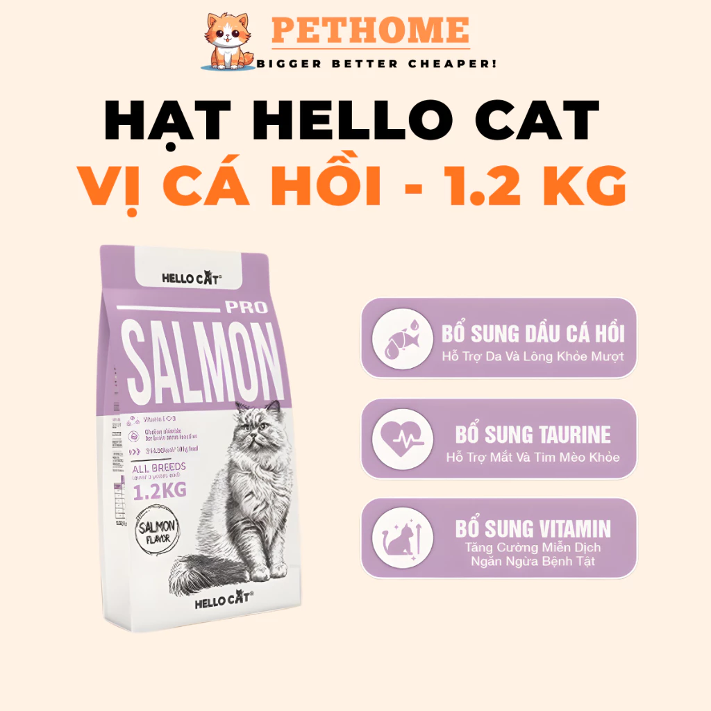Hạt Cho Mèo Hello Cat Salmon Vị Cá Hồi Túi 1.2kg – Hạt Dinh Dưỡng Cho Mèo Trưởng Thành