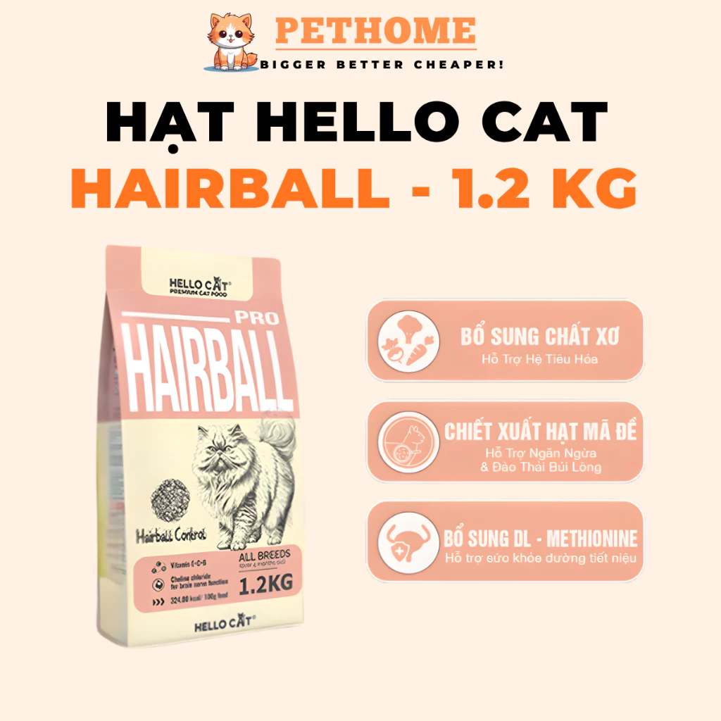 Hạt Cho Mèo Hello Cat Hairball Túi 1.2kg – Hạt Dinh Dưỡng Hỗ Trợ Kiểm Soát Búi Lông Cho Mèo