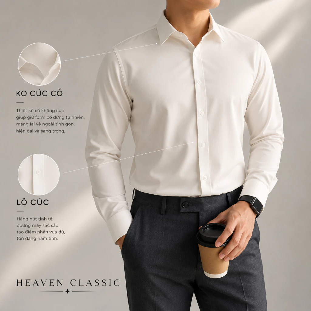 Áo Sơ Mi Trắng Kem Nam Dài Tay Form Slimfit - Vải Co Giãn Nhẹ, Không Nhăn | Công Sở, Dự Tiệc