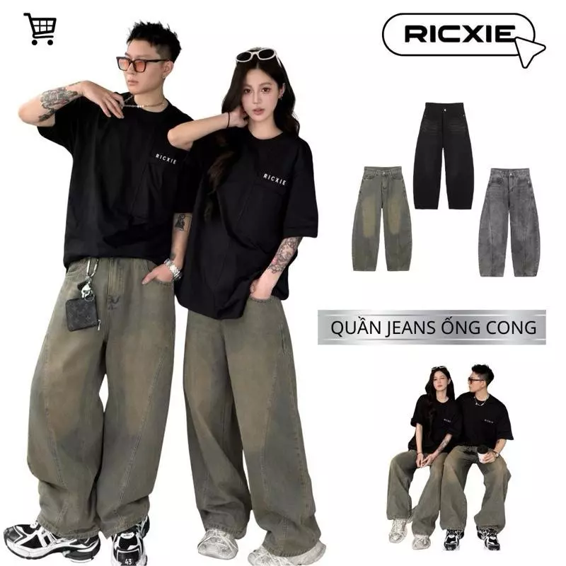 Quần jeans ống cong Ricxie phong cách retro unisex nam nữ