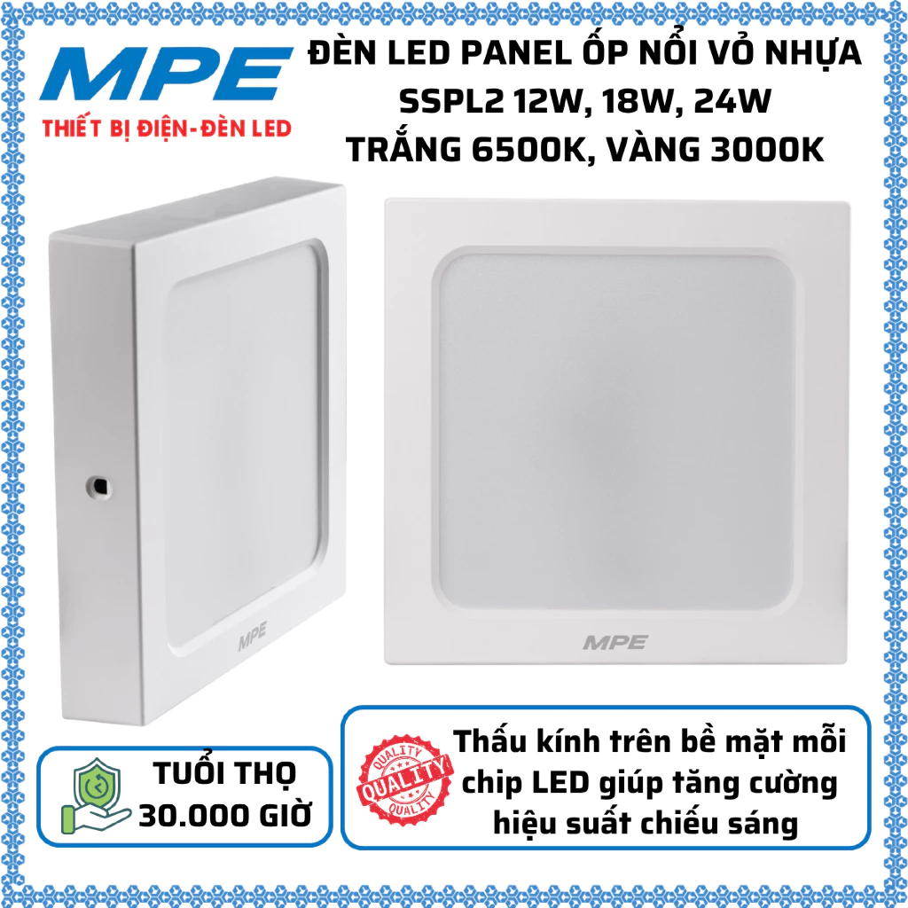 Đèn ốp trần vuông viền trắng SSPL2 12W, 18W, 24W 3000K-6500K MPE