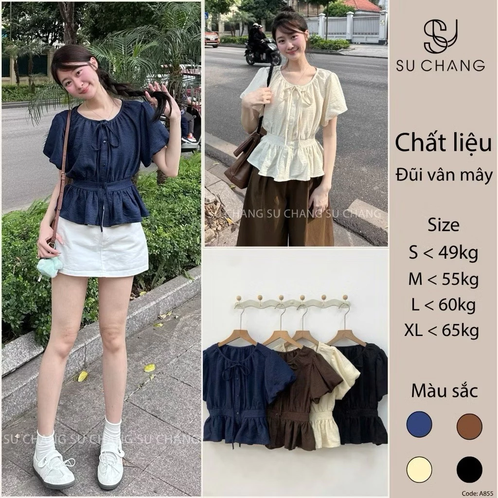 Áo Sơ Mi Cộc Tay Cổ Tròn Tay Bồng Chun Lưng A855 KENCO clothing Thời Trang Nữ SG