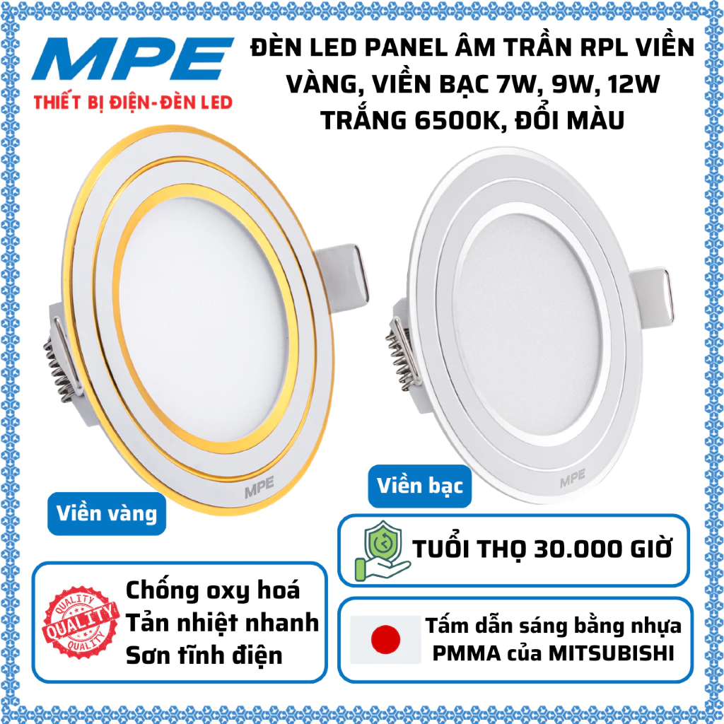 Đèn Led Downlight âm trần Viền Vàng, Viền Bạc 7W, 9W, 12W Ánh sáng Trắng 6500K, Đổi 3 màu MPE RPL