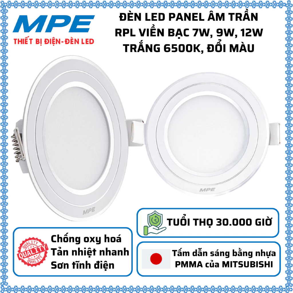 Đèn Led Downlight âm trần Viền Bạc 7W, 9W, 12W Ánh sáng Trắng 6500K, Đổi 3 màu MPE RPL