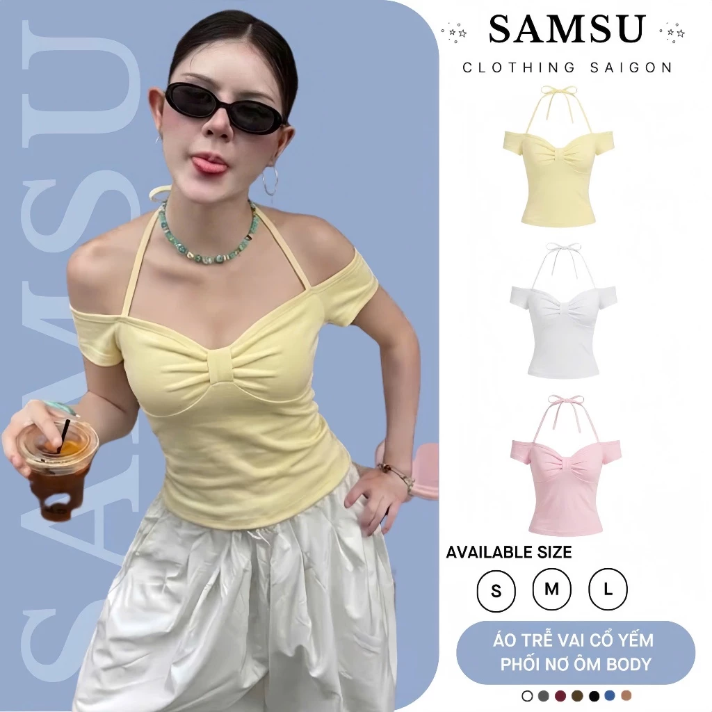 [DEAL MỞ BÁN] Áo Trễ Vai Kiểu Nữ Dây Buộc Cổ Yếm Phối Nơ Xoắn Ôm Body Nữ Tính Nhiều Màu Basic - Samsu.clothing_saigon