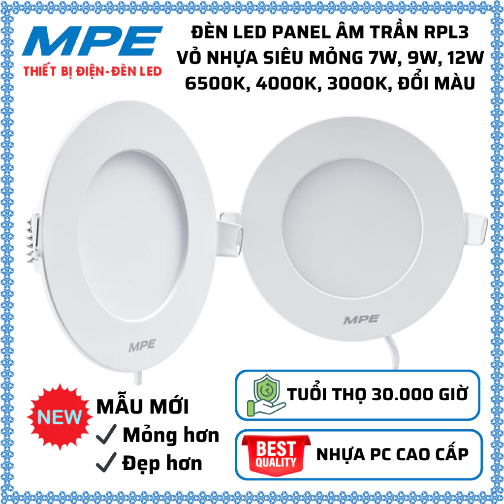 Đèn Led Panel âm trần vỏ nhựa siêu mỏng 7W, 9W, 12W 6500K, 4000K, 3000K, Đổi 3 màu MPE RPL3