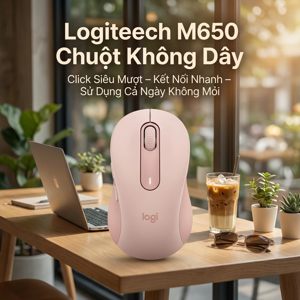 Chuột Logitech Signature M650 Màu Hồng Pastel – Cầm Êm Tay, Làm Việc & Học Tập Cực Thoải Mái