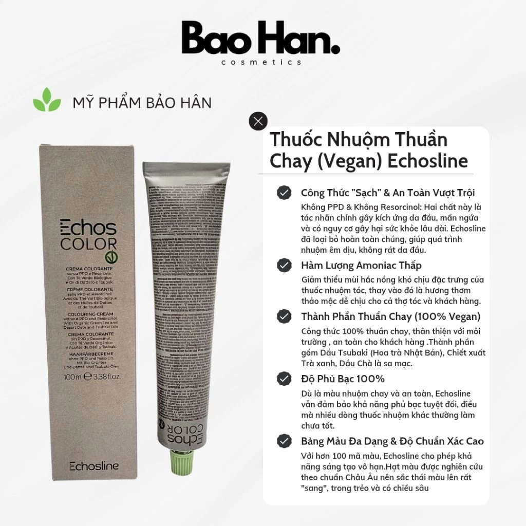 THUỐC NHUỘM TÓC THUẦN CHAY ECHOSLINE  (VEGAN) 100ml - KHÔNG PPD, THƠM DỊU, ÍT AMONIAC, KHÔNG KÍCH ỨNG, PHỦ BẠC HOÀN HẢO