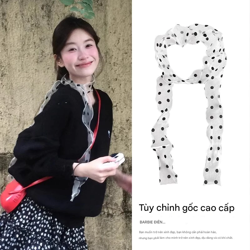 Khăn Lụa Trắng Chấm Bi Đen Phong Cách Pháp Buộc Cổ Cột Tóc Thanh Lịch Nữ Phụ Kiện Thời Trang