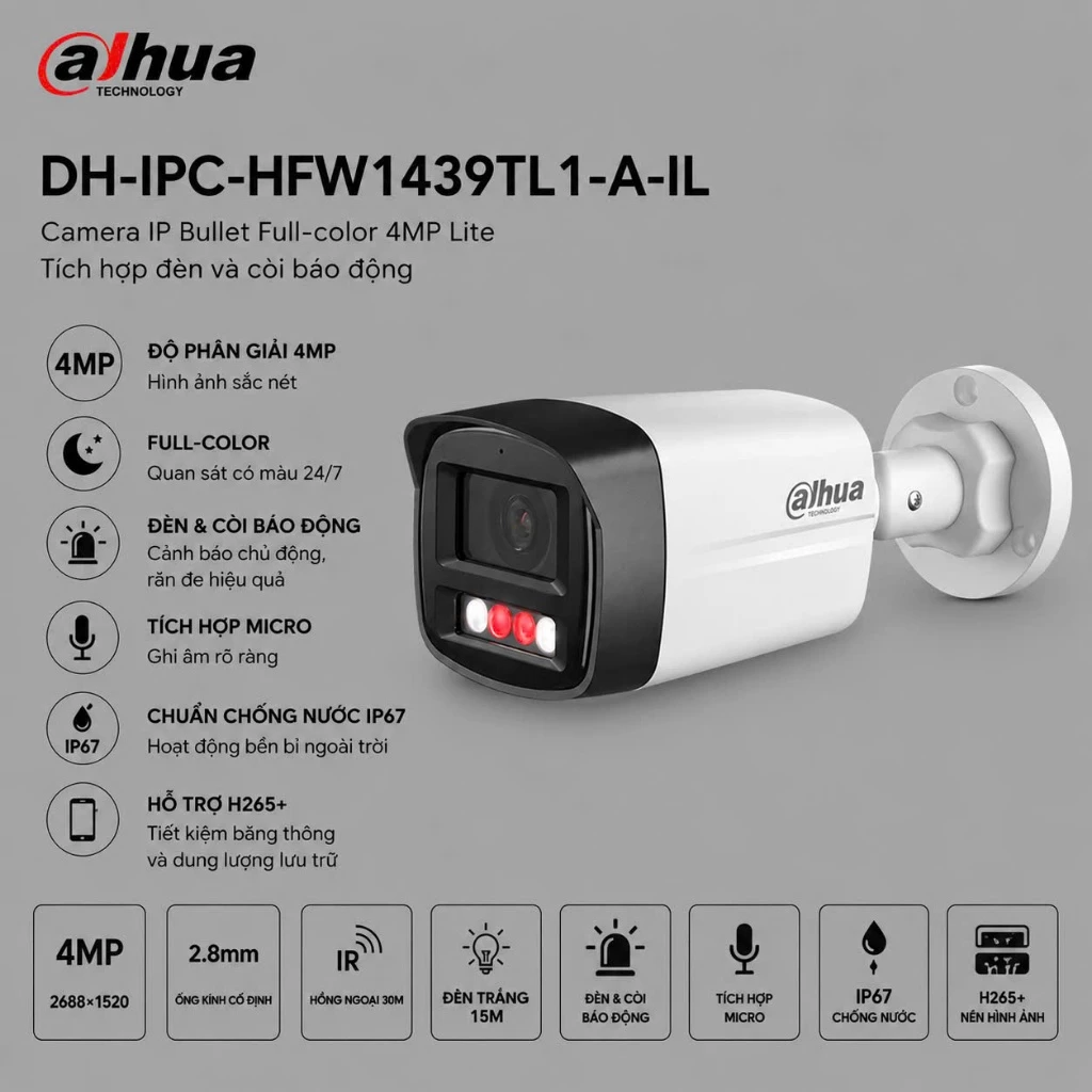 (TẶNG HKT)Camera Dahua DH-IPC-HFW1439TL1-A-IL 4MP ánh sáng kép thông minh ghi hình ban đêm có màu