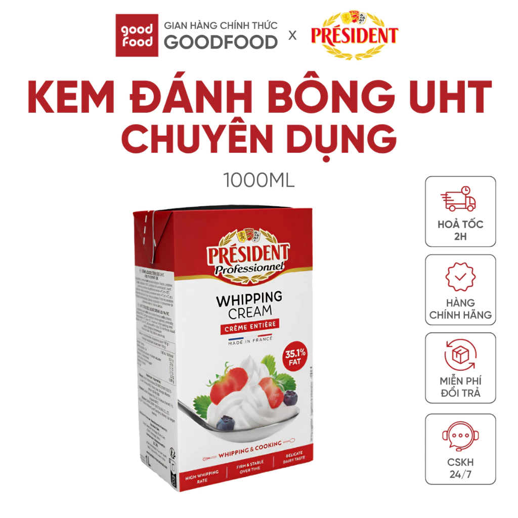 Kem sữa tươi đánh bông tiệt trùng 35,1% béo, hiệu suất tốt, nhập khẩu từ Pháp, Whipping Cream President - Hộp 1l