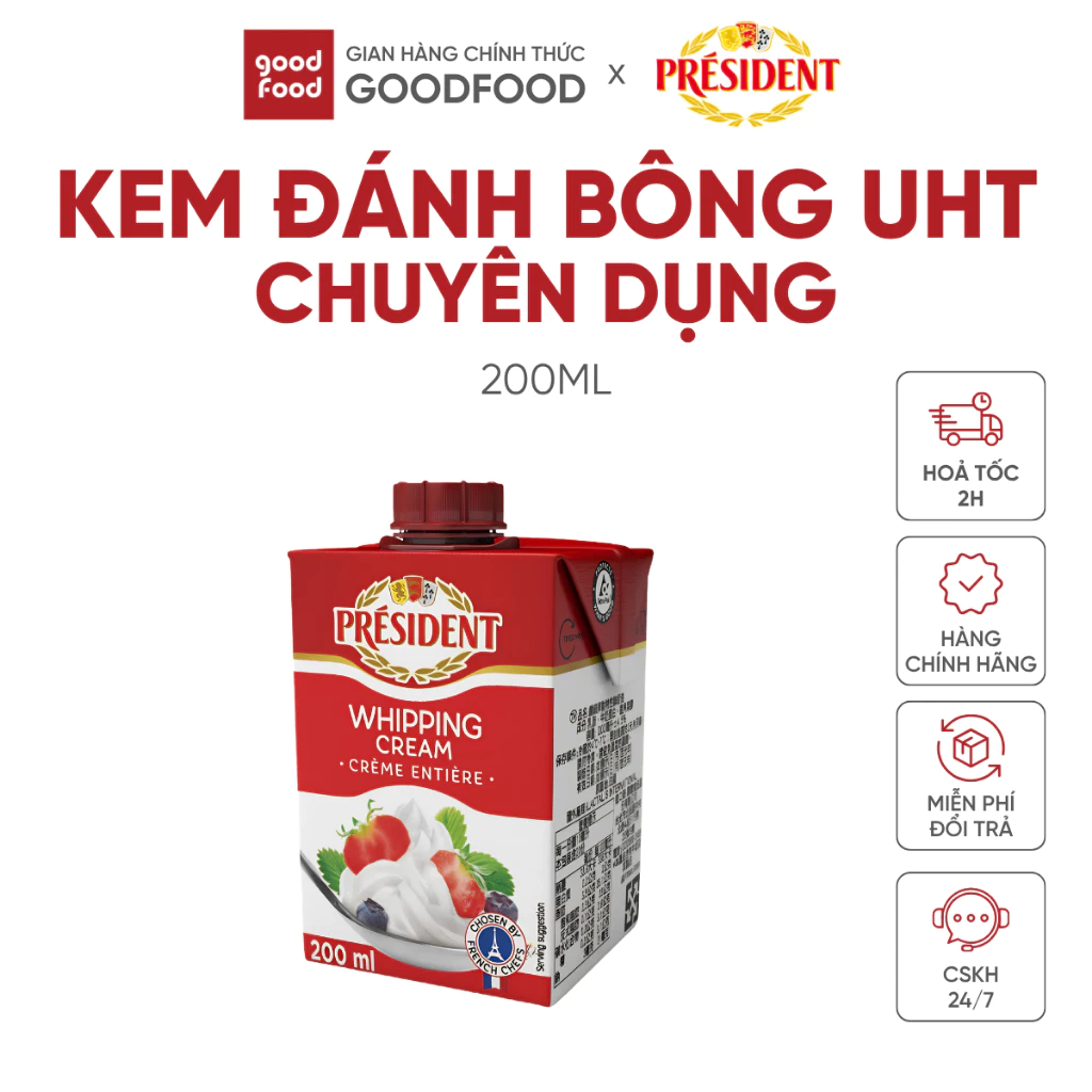 Kem Đánh Bông Whipping Cream UHT, 35,1% chất béo, nhập khẩu từ Pháp President - 200ml