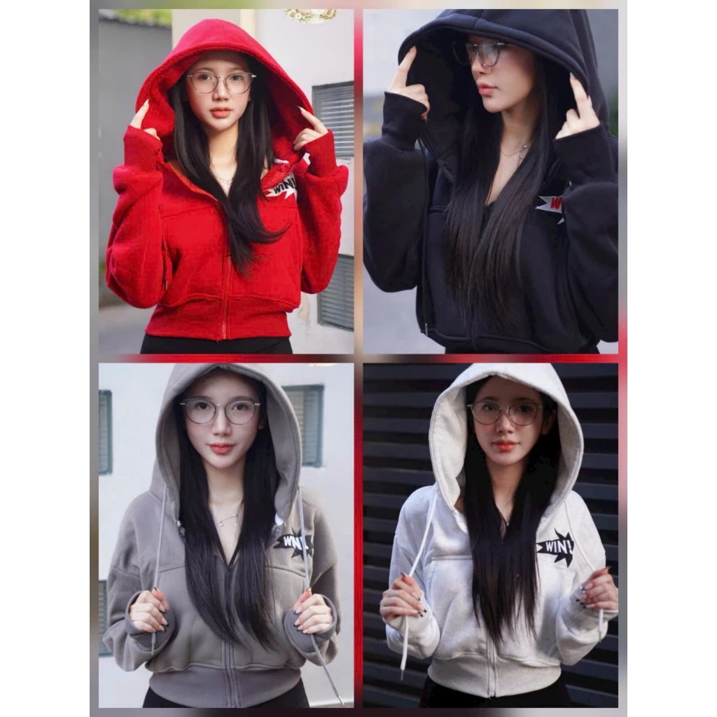 Áo Khoác Lửng Croptop Nữ nỉ len Bông Cao Cấp logo Thêu WIN Kiểu Hoodie Zip Túi Trong Xỏ Ngón Top Thu Đông Chống Nắng