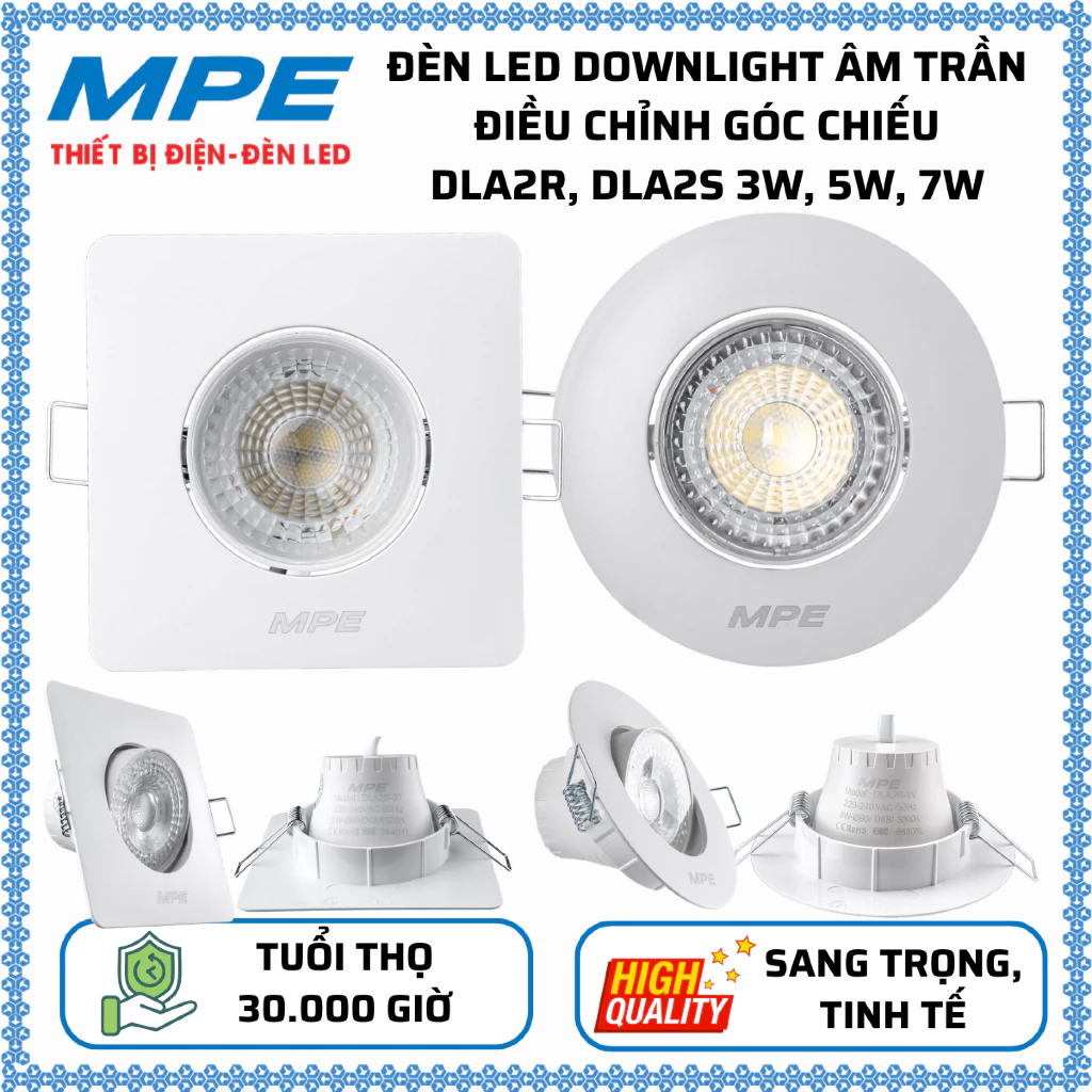 Đèn LED Downlight âm trần Điều chỉnh góc chiếu 3W 5W 7W 9W Trắng 6500K, Vàng 3000K MPE DLA2R, DLA2S