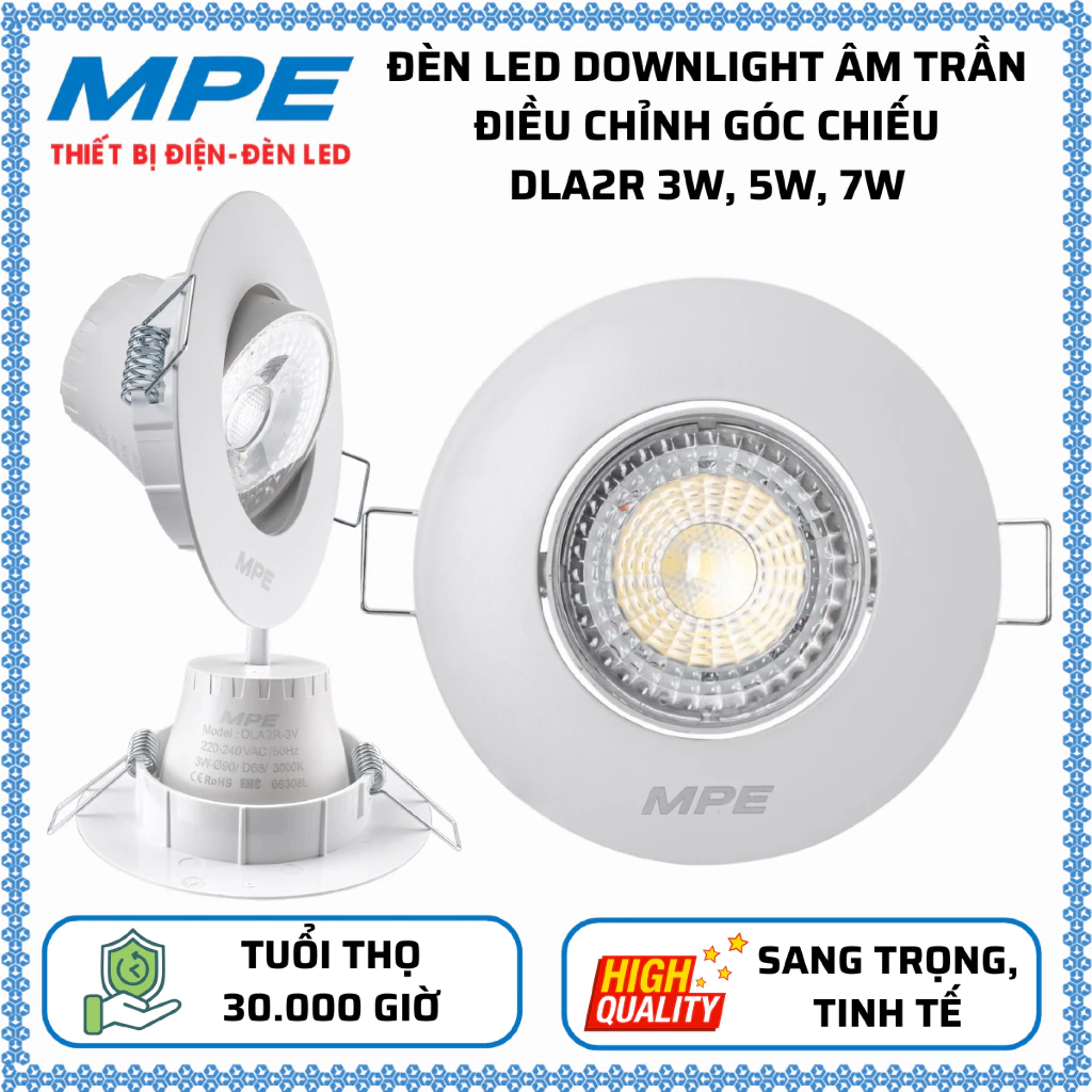 Đèn Led Downlight âm trần Điều chỉnh góc chiếu 3W, 5W, 7W, 9W Trắng 6500K, Vàng 3000K MPE DLA2R